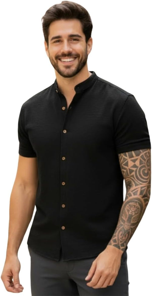 Camisa Social Masculina Manga Curta Gola Padre Elegante e Versatil Tendencia Verão