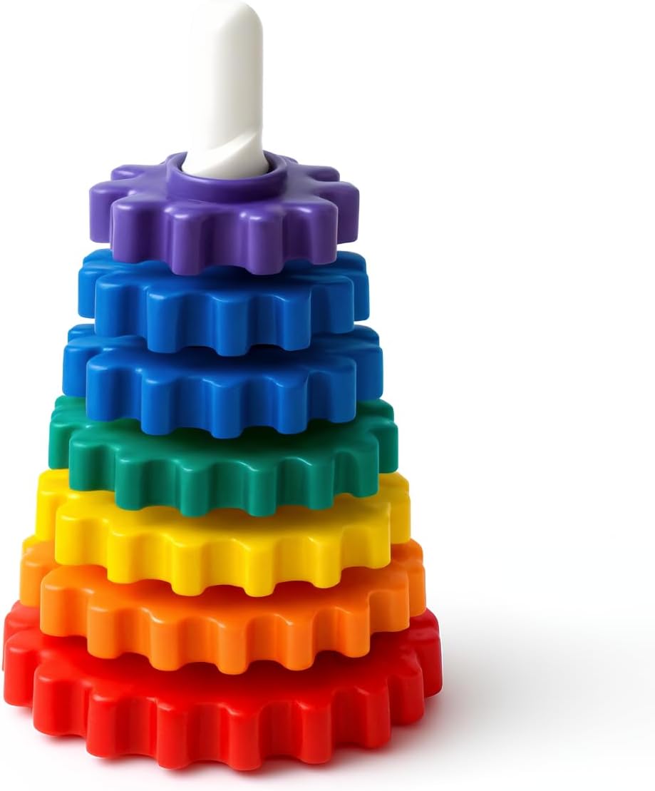 Brinquedo Infantil Didático Educativo Engrenagem Gira Torre Com 6 Peças Coloridas Que Giram 1 Base Estabilizadora E 1 Base Giratória