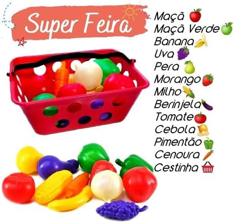 Kit de Frutas de Brinquedo com Tábua de Cortar, 23 Peças, Cesta Vermelha