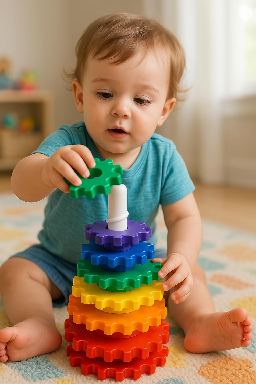 Brinquedo Infantil Didático Educativo Engrenagem Gira Torre Com 6 Peças Coloridas Que Giram 1 Base Estabilizadora E 1 Base Giratória