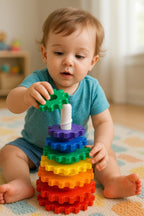 Brinquedo Infantil Didático Educativo Engrenagem Gira Torre Com 6 Peças Coloridas Que Giram 1 Base Estabilizadora E 1 Base Giratória