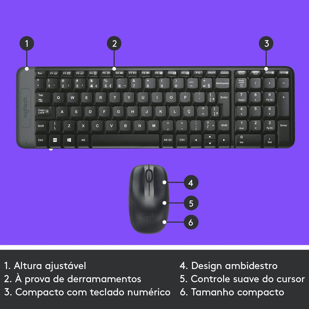 Combo Teclado e Mouse sem fio Logitech MK220 com Design Compacto, Conexão USB, Pilhas Inclusas e Layout ABNT2