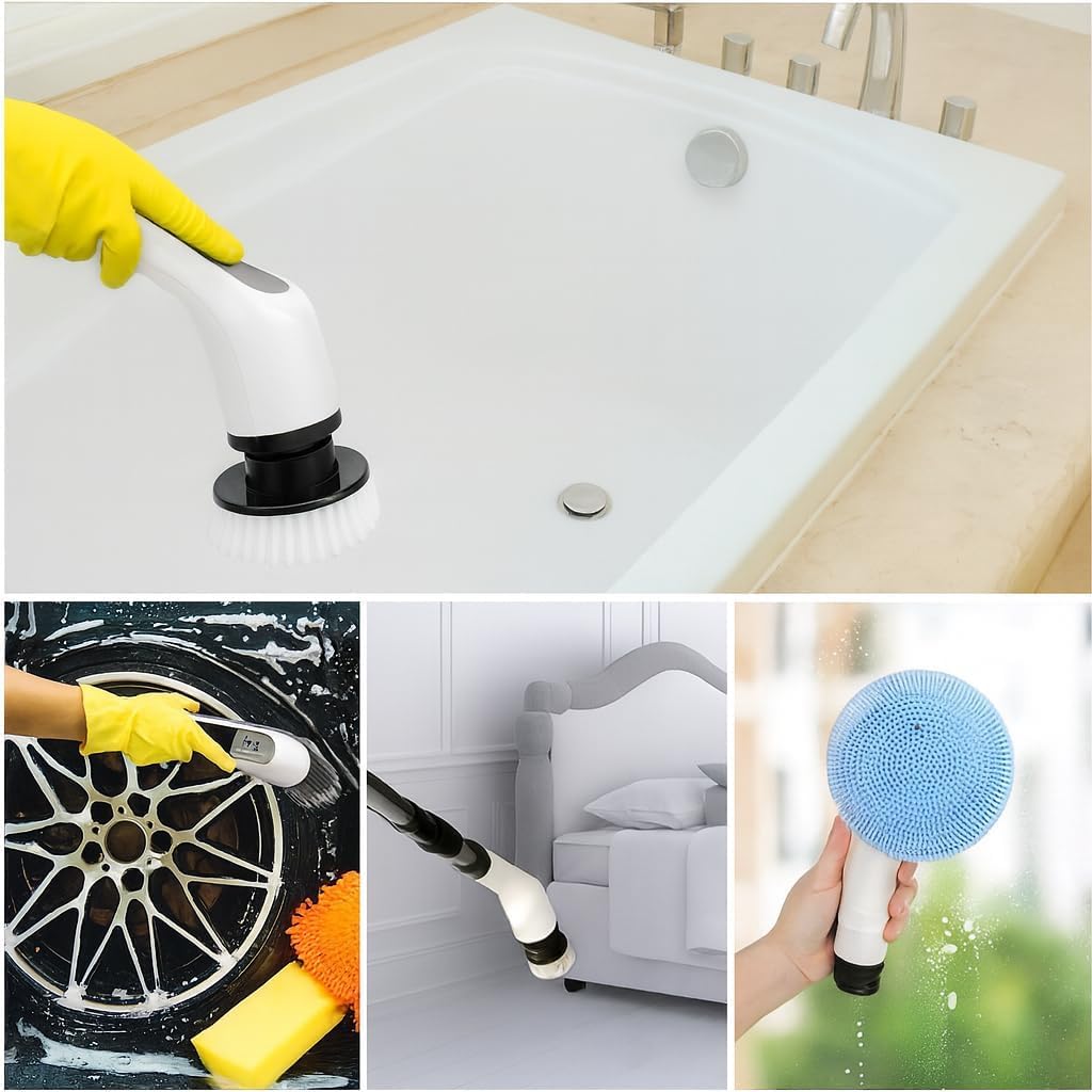 Esfregão Elétrico Profissional 9 em 1 Recarregável Mop 360º Sem Fio Potente Portátil Limpeza Pesada Banheiro Cozinha Piso Azulejo Janela Escova Multiuso Compacto Giratório Casa Premium Ajustavel