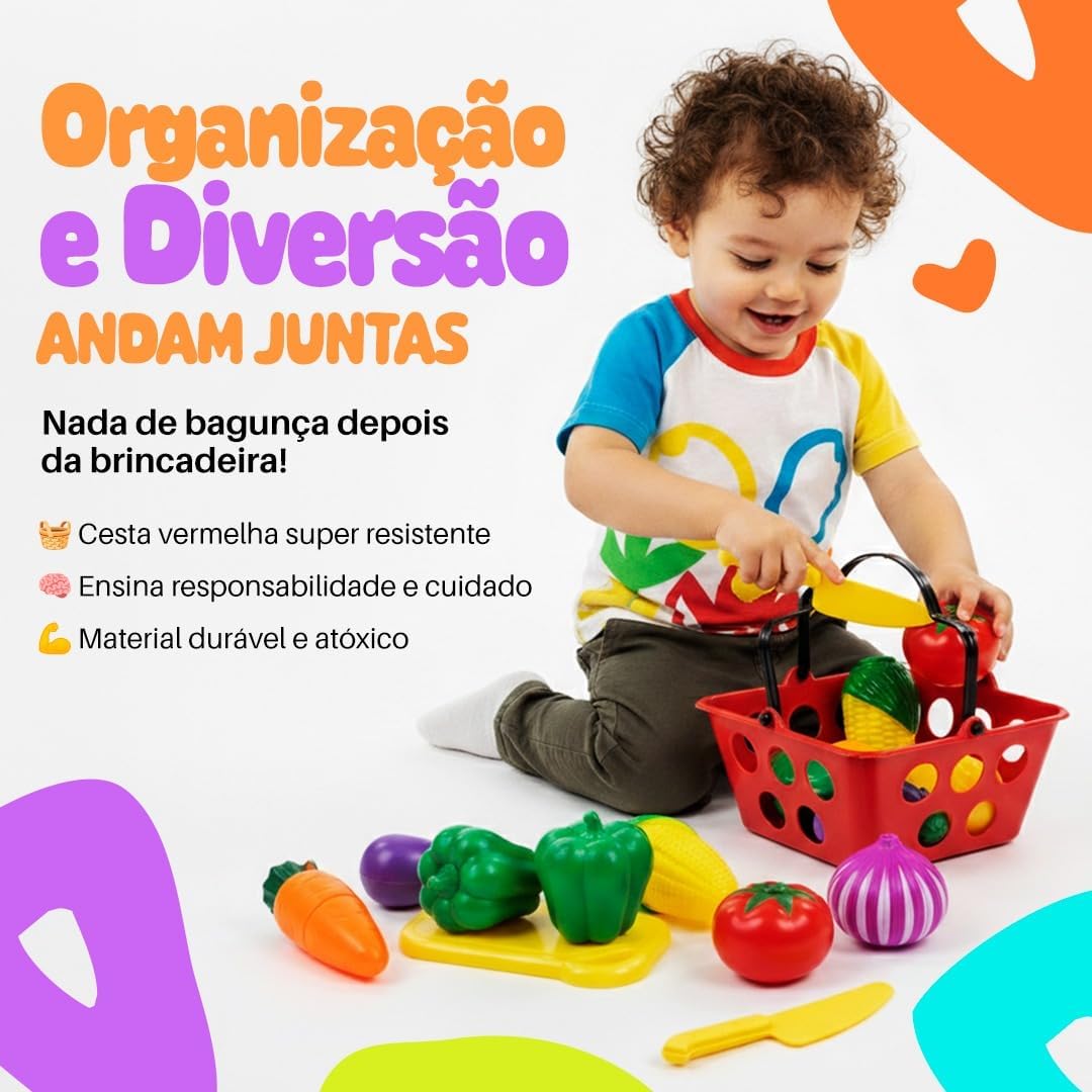 Kit de Frutas de Brinquedo com Tábua de Cortar, 23 Peças, Cesta Vermelha