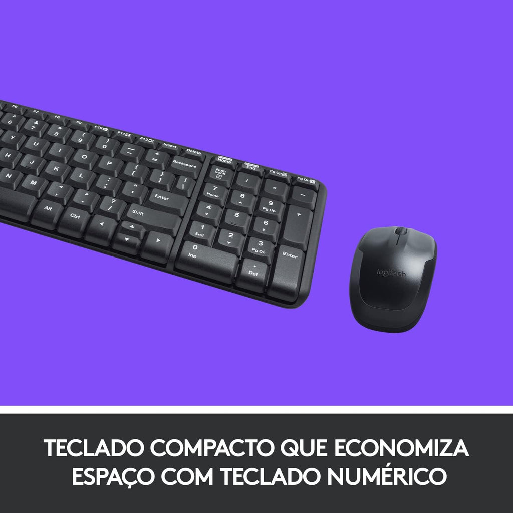 Combo Teclado e Mouse sem fio Logitech MK220 com Design Compacto, Conexão USB, Pilhas Inclusas e Layout ABNT2