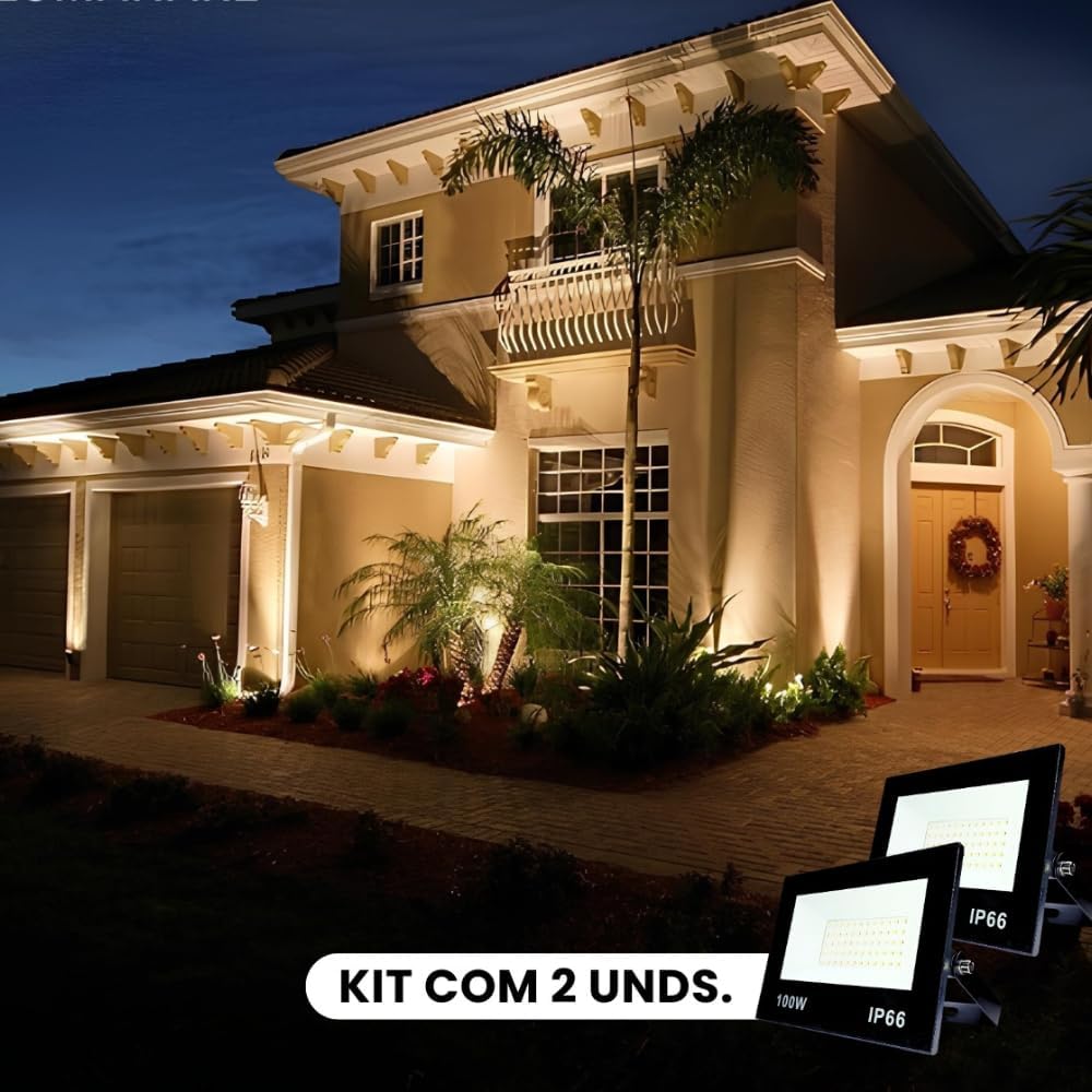 Kit com 2 Refletor LED Holofote 100W Branco Frio 6500K - IP66 à Prova d’Água Econômico para Jardim, Fachada e Quintal Premium
