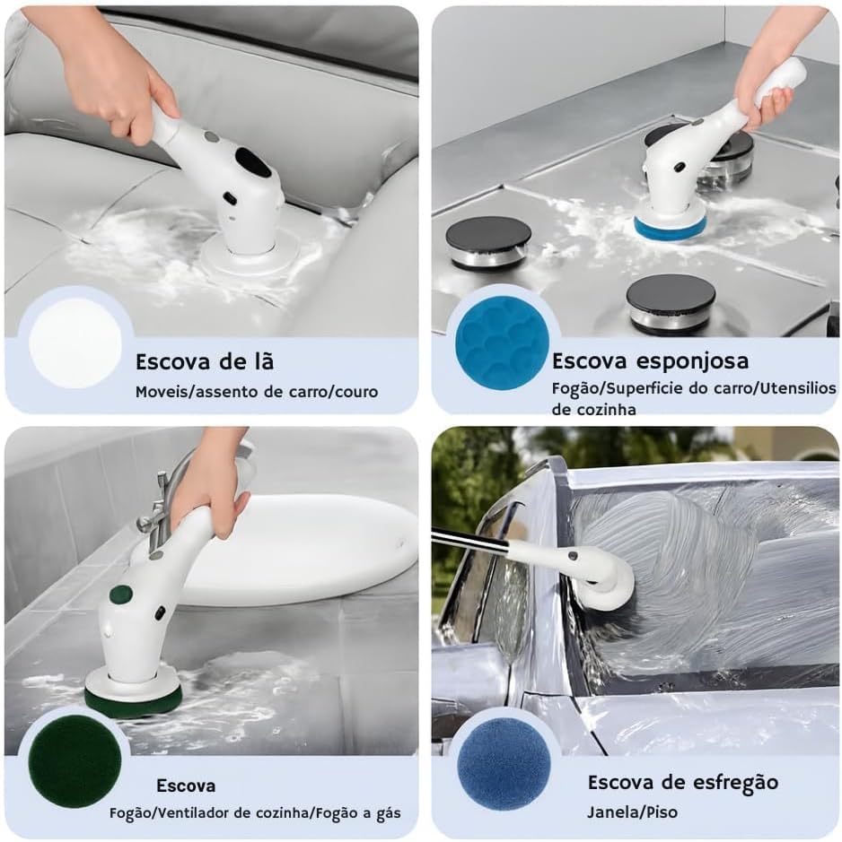 Esfregão Elétrico Profissional 9 em 1 Recarregável Mop 360º Sem Fio Potente Portátil Limpeza Pesada Banheiro Cozinha Piso Azulejo Janela Escova Multiuso Compacto Giratório Casa Premium Ajustavel
