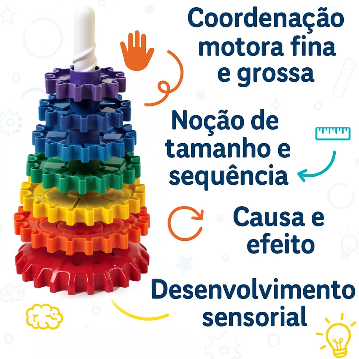 Brinquedo Infantil Didático Educativo Engrenagem Gira Torre Com 6 Peças Coloridas Que Giram 1 Base Estabilizadora E 1 Base Giratória
