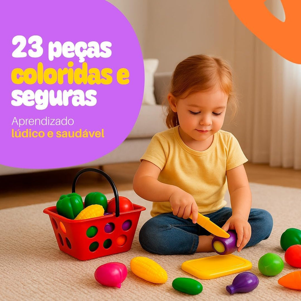 Kit de Frutas de Brinquedo com Tábua de Cortar, 23 Peças, Cesta Vermelha