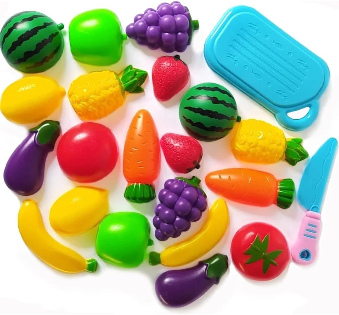 Kit de Frutas de Brinquedo com Tábua de Cortar, 23 Peças, Cesta Vermelha
