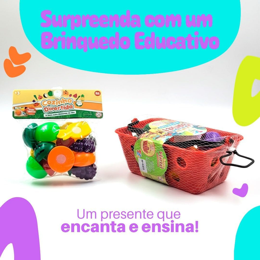 Kit de Frutas de Brinquedo com Tábua de Cortar, 23 Peças, Cesta Vermelha