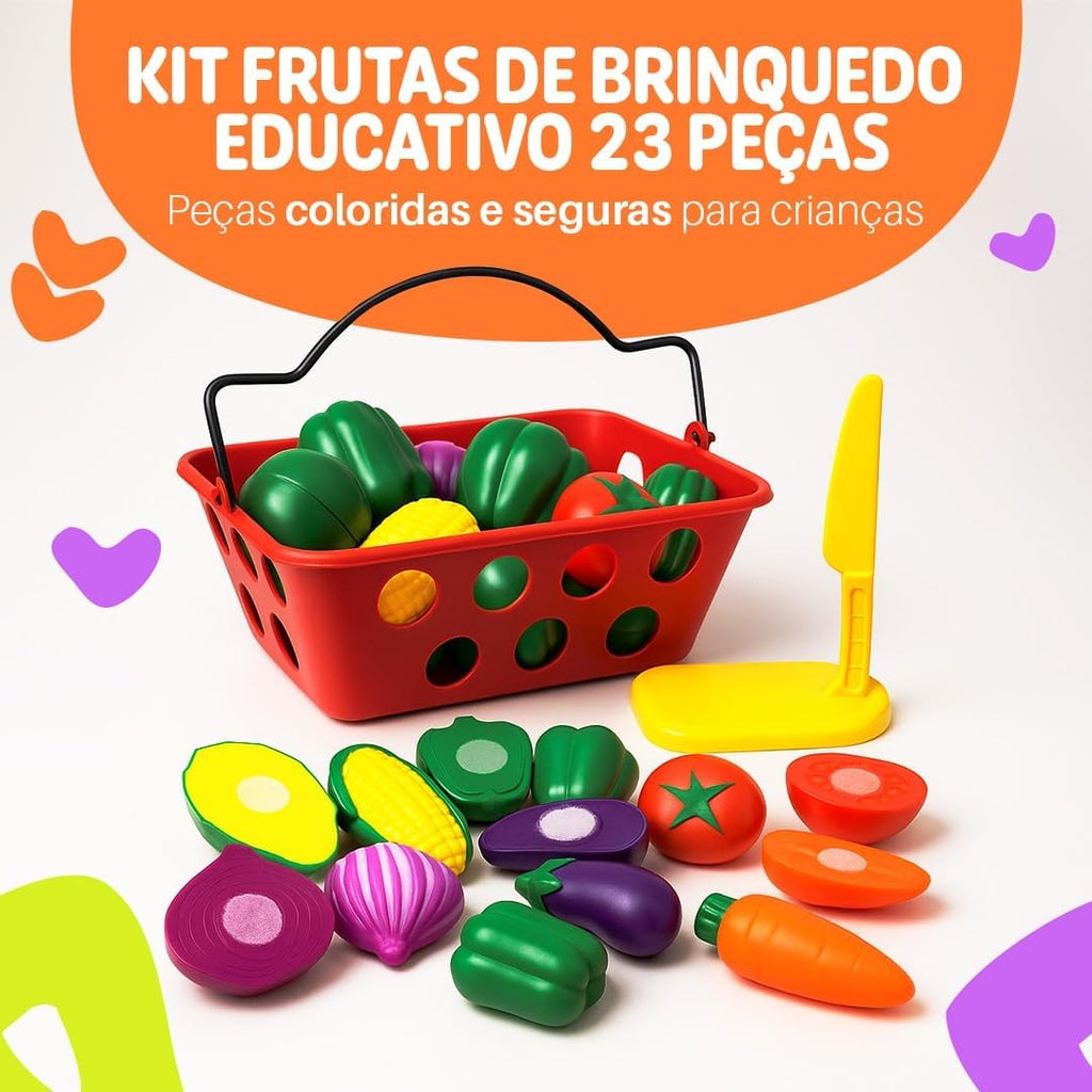 Kit de Frutas de Brinquedo com Tábua de Cortar, 23 Peças, Cesta Vermelha
