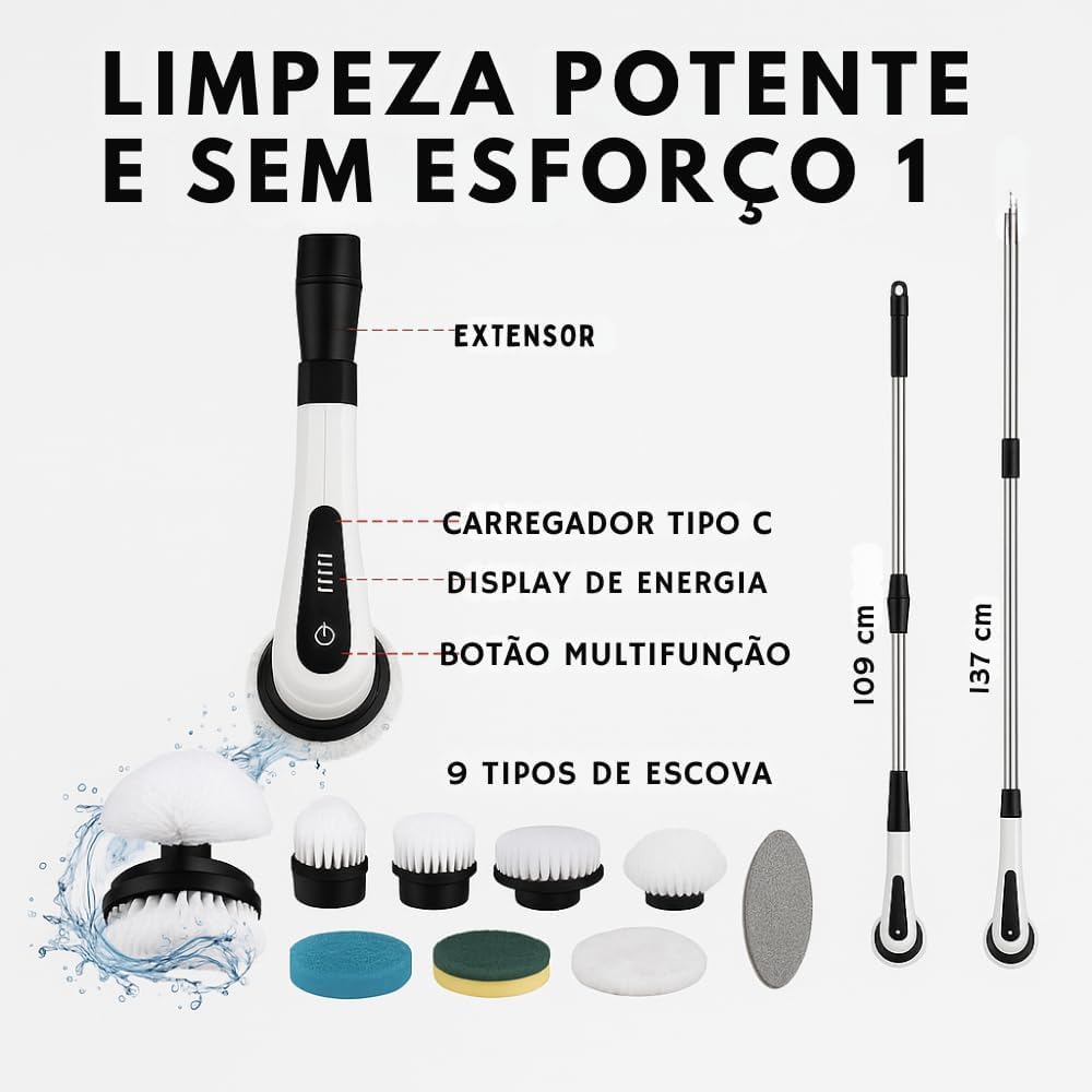 Esfregão Elétrico Profissional 9 em 1 Recarregável Mop 360º Sem Fio Potente Portátil Limpeza Pesada Banheiro Cozinha Piso Azulejo Janela Escova Multiuso Compacto Giratório Casa Premium Ajustavel