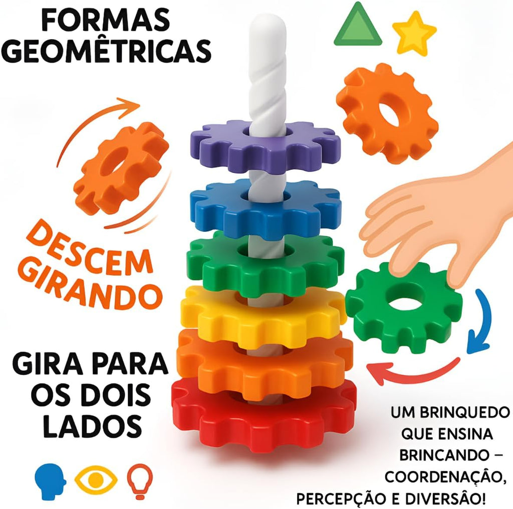 Brinquedo Infantil Didático Educativo Engrenagem Gira Torre Com 6 Peças Coloridas Que Giram 1 Base Estabilizadora E 1 Base Giratória