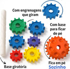 Brinquedo Infantil Didático Educativo Engrenagem Gira Torre Com 6 Peças Coloridas Que Giram 1 Base Estabilizadora E 1 Base Giratória