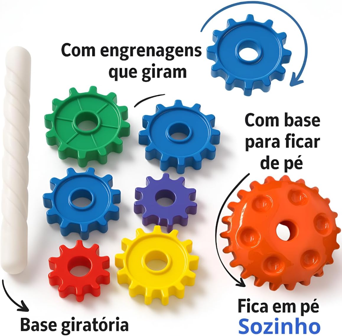 Brinquedo Infantil Didático Educativo Engrenagem Gira Torre Com 6 Peças Coloridas Que Giram 1 Base Estabilizadora E 1 Base Giratória