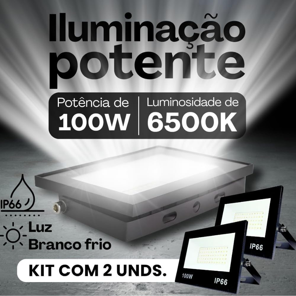 Kit com 2 Refletor LED Holofote 100W Branco Frio 6500K - IP66 à Prova d’Água Econômico para Jardim, Fachada e Quintal Premium