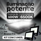 Kit com 2 Refletor LED Holofote 100W Branco Frio 6500K - IP66 à Prova d’Água Econômico para Jardim, Fachada e Quintal Premium