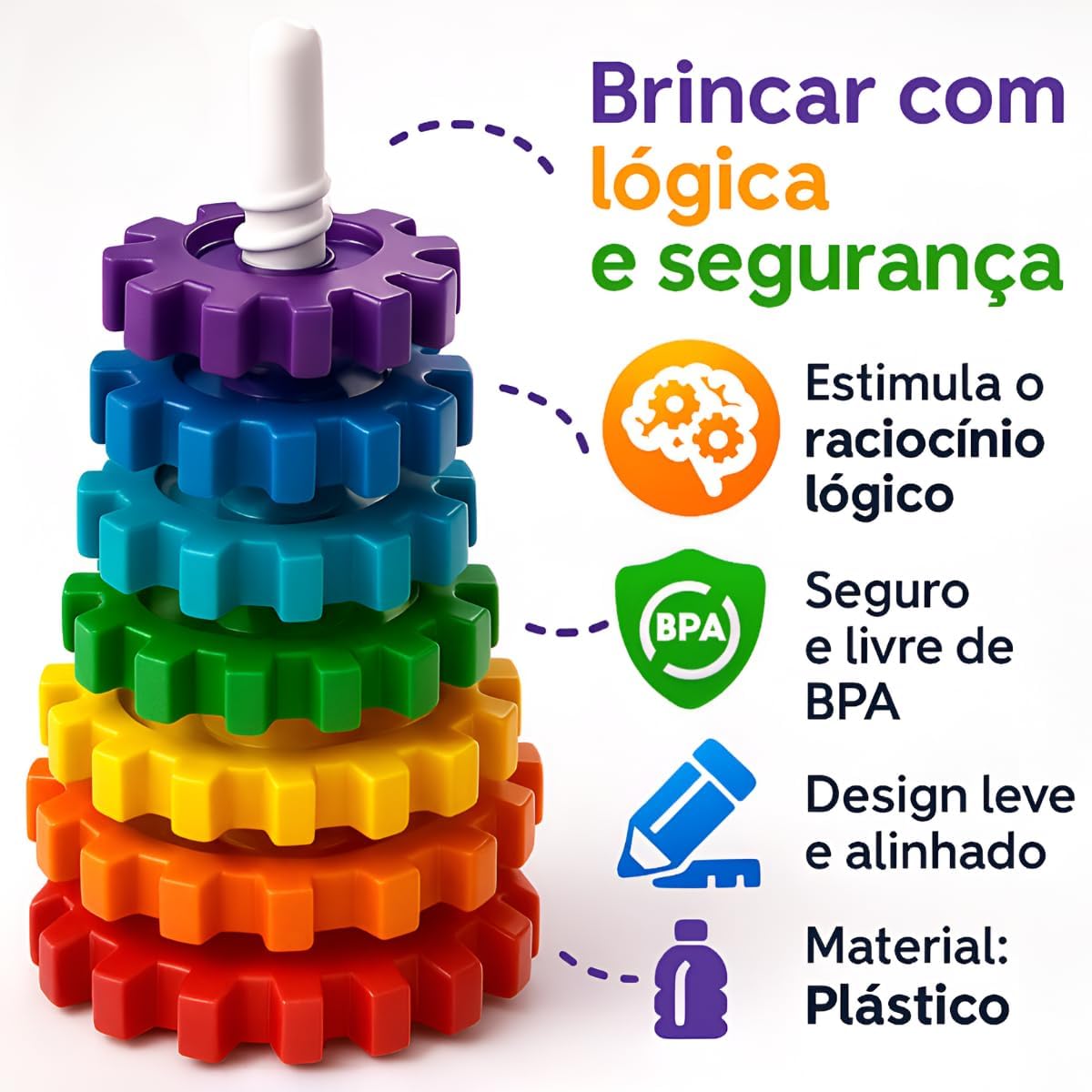 Brinquedo Infantil Didático Educativo Engrenagem Gira Torre Com 6 Peças Coloridas Que Giram 1 Base Estabilizadora E 1 Base Giratória