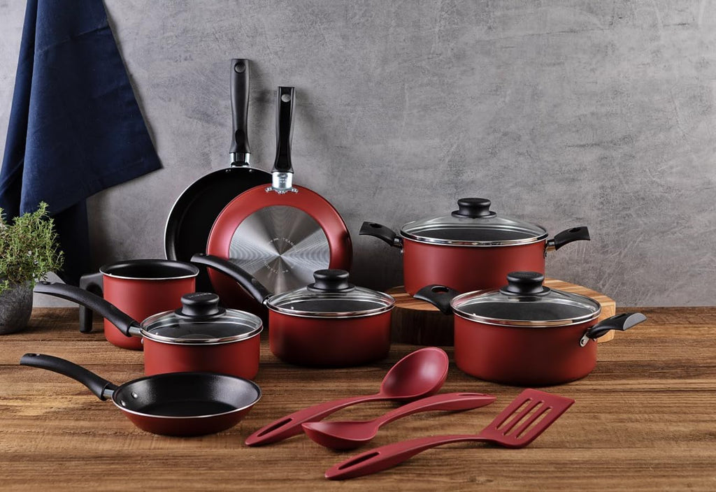 Jogo de Panelas Tramontina Turim em Alumínio com Revestimento Interno e Externo em Antiaderente Starflon Max Vermelho 11 Peças