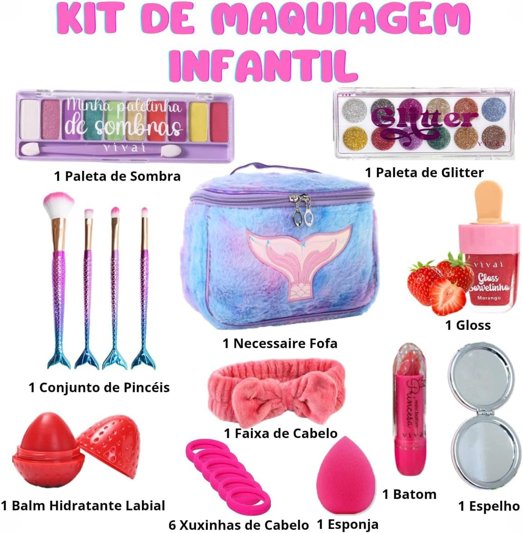 Kit de Maquiagem Infantil, 11 Itens, com Maleta Sereia, Paletas de Sombras, Glitter, Pincéis e Acessórios