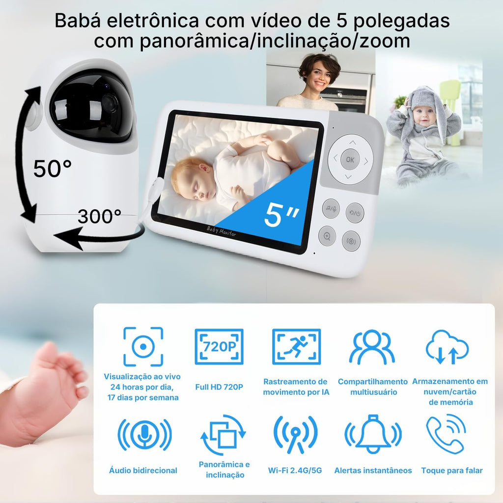 Babá Eletrônica com Monitor 5" HD, Baba Eletrônica sem Wi-Fi, Câmera com Visão Noturna e Áudio Bidirecional, Monitoramento com Zoom Digital, Ideal para Baby Monitor e Cuidados Infantis