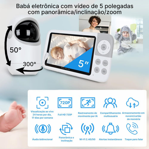 Babá Eletrônica com Monitor 5" HD, Baba Eletrônica sem Wi-Fi, Câmera com Visão Noturna e Áudio Bidirecional, Monitoramento com Zoom Digital, Ideal para Baby Monitor e Cuidados Infantis
