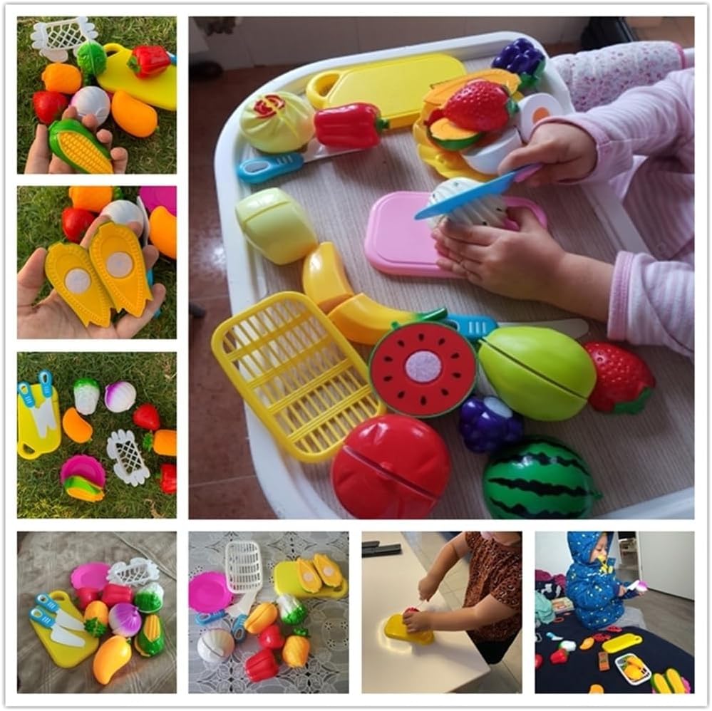 Kit de Frutas de Brinquedo com Tábua de Cortar, 23 Peças, Cesta Vermelha