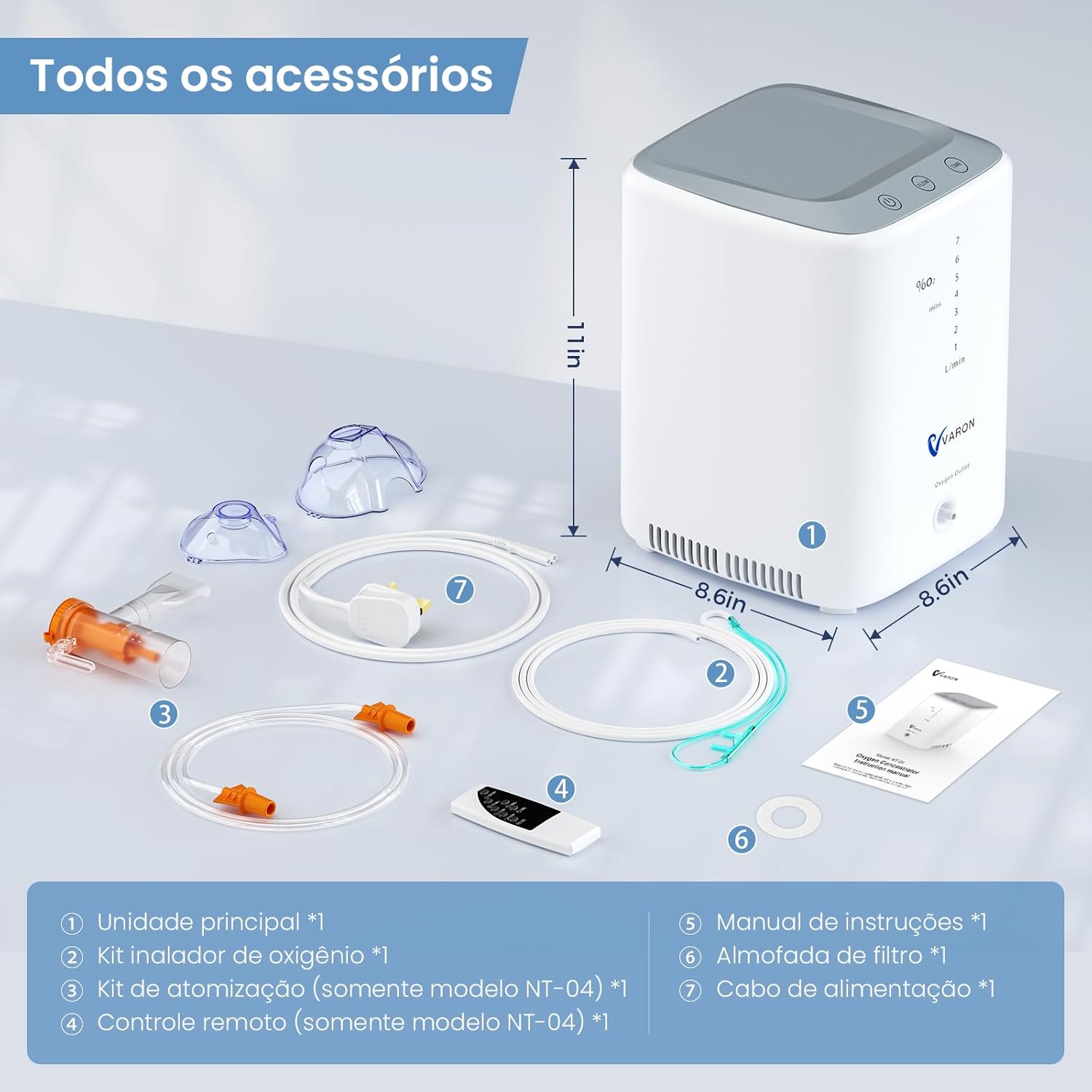 4.8kg Portátil, Concentrador de OX, 7 Níveis de Fluxo, Silencioso ≤42dB, Com Controle Remoto, Oxigênio para Casa, 110V