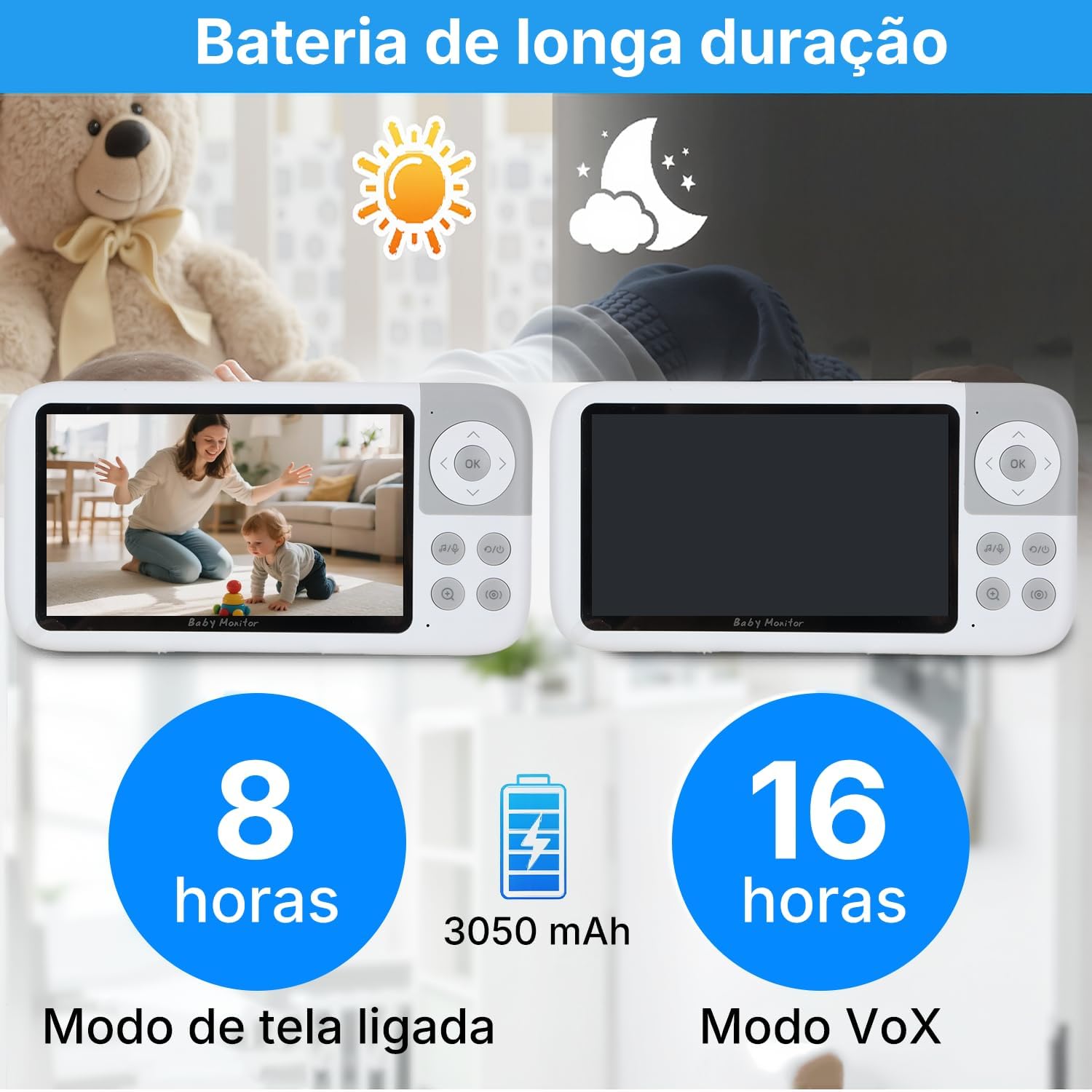 Babá Eletrônica com Monitor 5" HD, Baba Eletrônica sem Wi-Fi, Câmera com Visão Noturna e Áudio Bidirecional, Monitoramento com Zoom Digital, Ideal para Baby Monitor e Cuidados Infantis