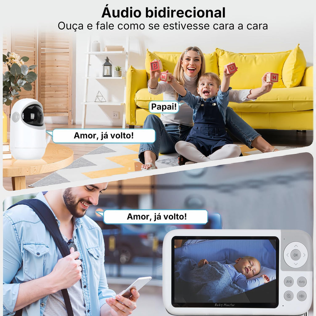 Babá Eletrônica com Monitor 5" HD, Baba Eletrônica sem Wi-Fi, Câmera com Visão Noturna e Áudio Bidirecional, Monitoramento com Zoom Digital, Ideal para Baby Monitor e Cuidados Infantis