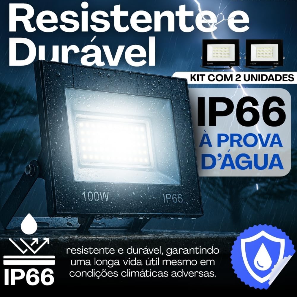 Kit com 2 Refletor LED Holofote 100W Branco Frio 6500K - IP66 à Prova d’Água Econômico para Jardim, Fachada e Quintal Premium