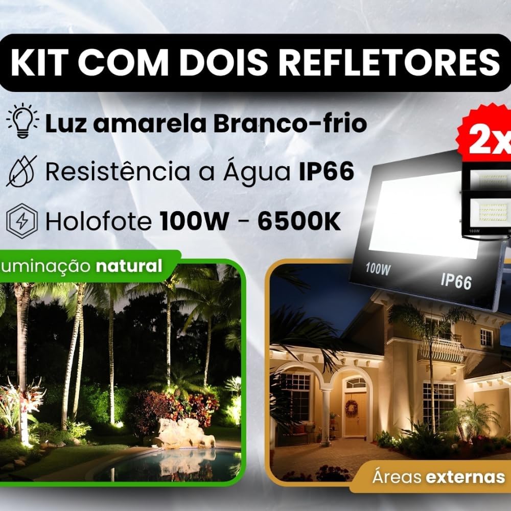Kit com 2 Refletor LED Holofote 100W Branco Frio 6500K - IP66 à Prova d’Água Econômico para Jardim, Fachada e Quintal Premium
